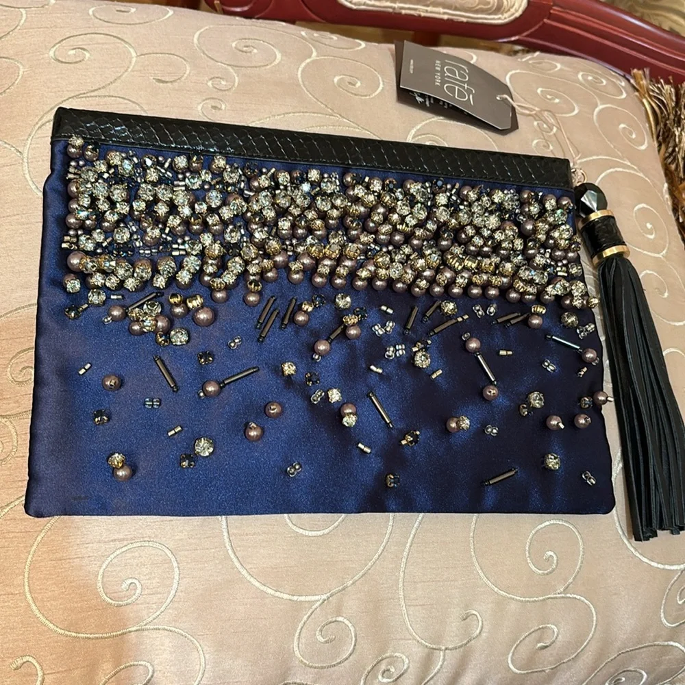 Rafe New York LG GELIA blue satin leather trimmed embellished studded clutch